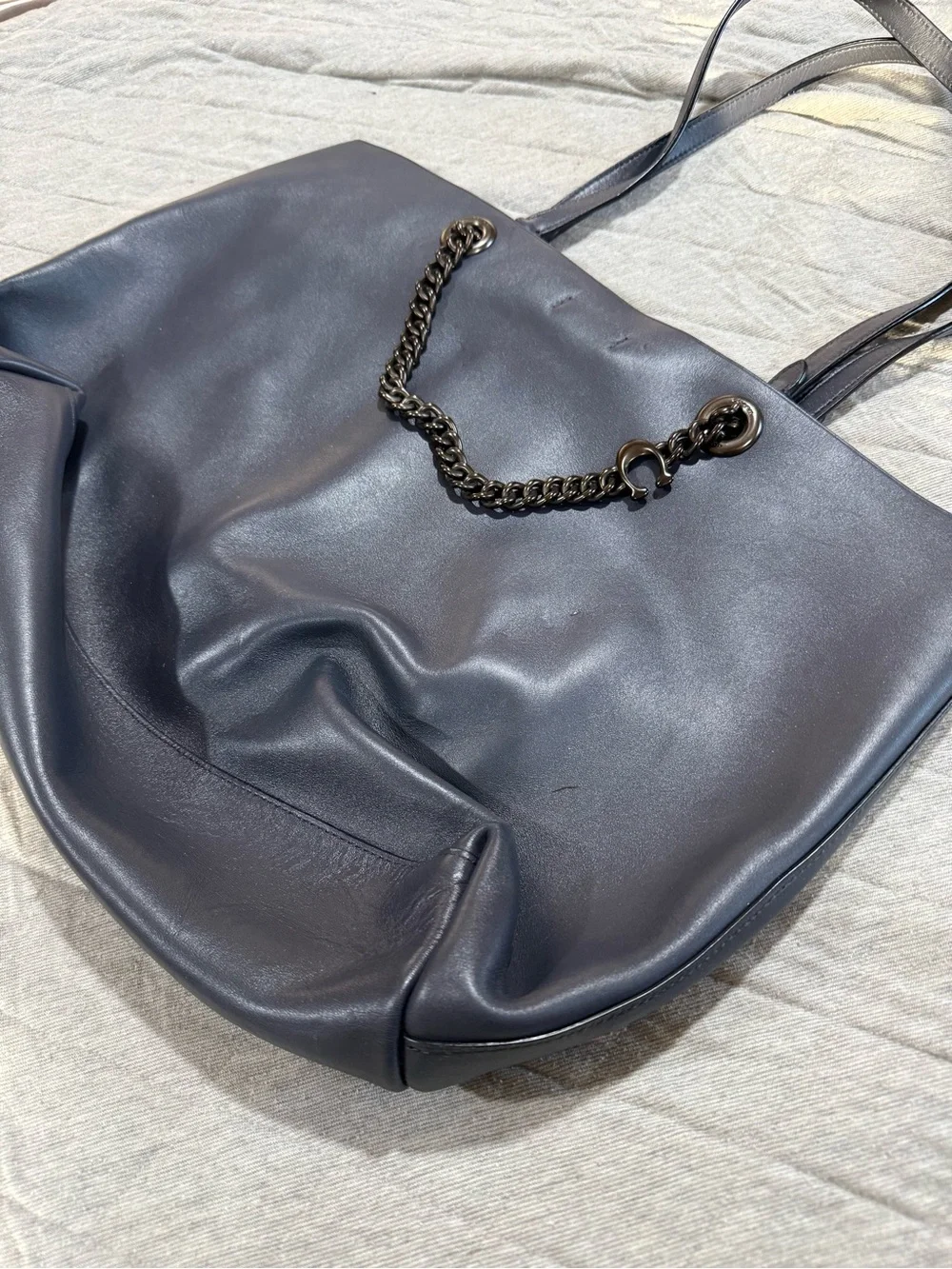 Coach Navy Leather Tote with Gunmetal Chain Detail